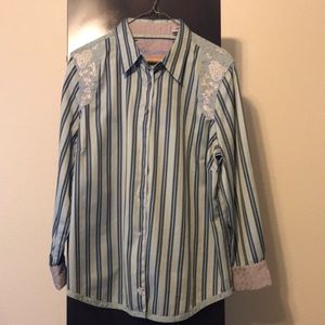 Button down embroidered striped blouse